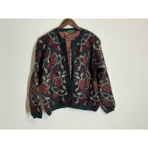 Vintage Equorian Heritage Mohair Cardigan Gray Red Poses Buttons Size M (14/16)
